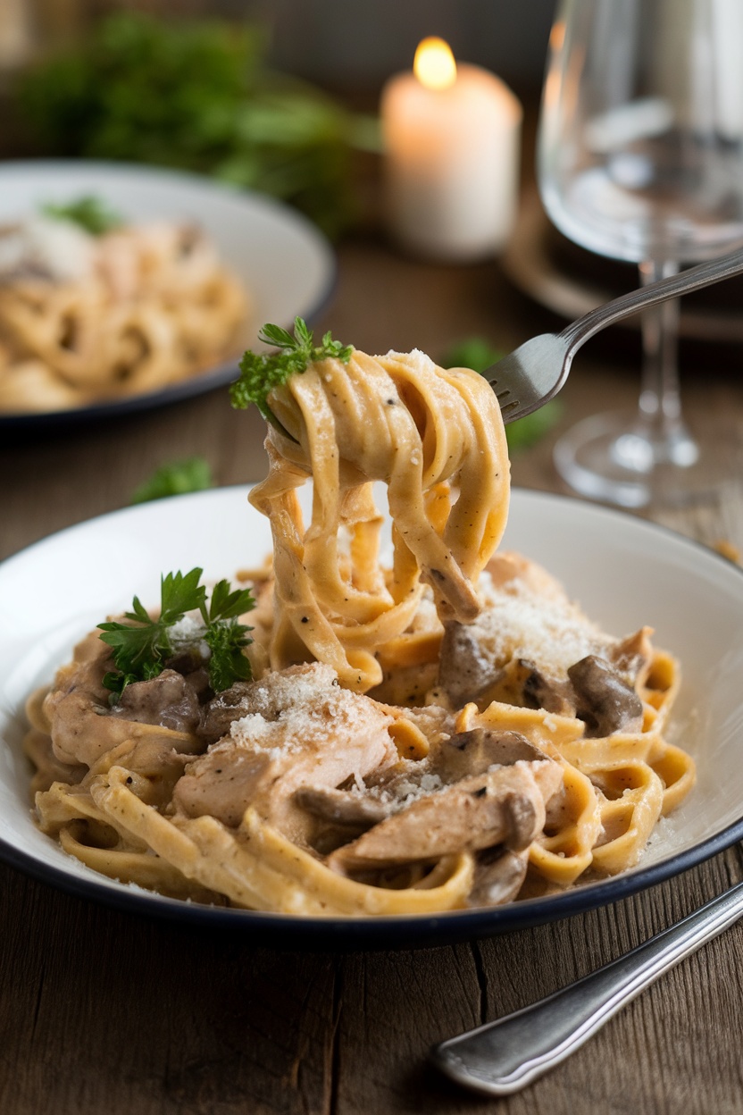 Creamy linguine with chicken and mushrooms, garnished with parsley and Parmesan on a rustic table.